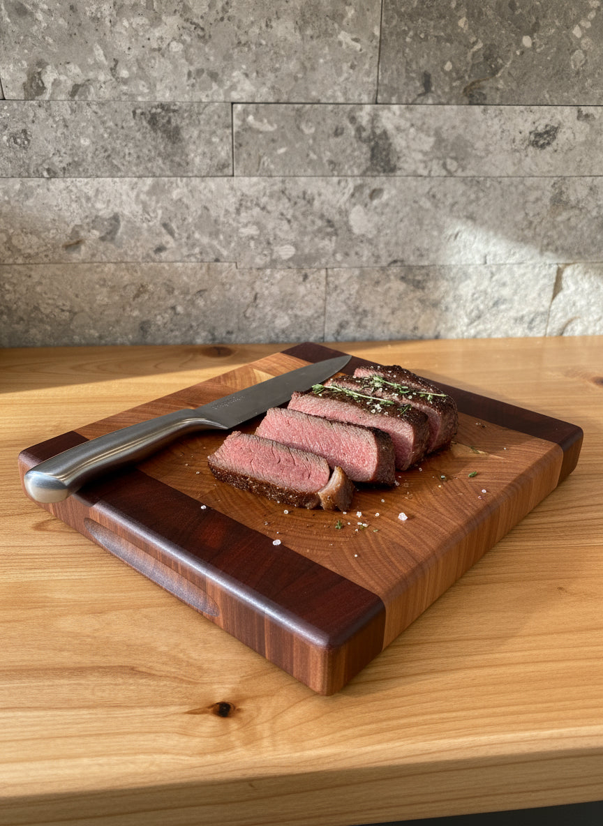 Discounted Small Luxury End Grain Cutting Board - Cherry & Padauk - 12 3/8”x11 3/4”x1 1/2” -w/ Finger Hold