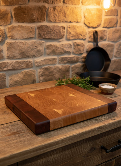 Discounted Small Luxury End Grain Cutting Board - Cherry & Padauk - 12 3/8”x11 3/4”x1 1/2” -w/ Finger Hold