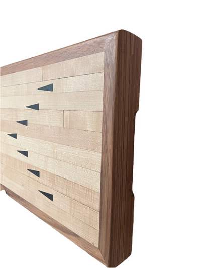 Massive Charcuterie Board, upcycled bowling lane from historic Viburnum Bowl - Hard Maple, w/ Ebony inlay, Boarded in  Mahogany