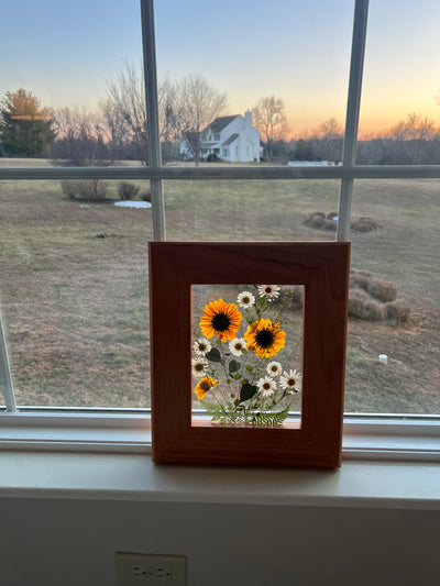 Floating Sun Flower Bouquet in Custom Cherry Frame - 11 3/4" x 14"