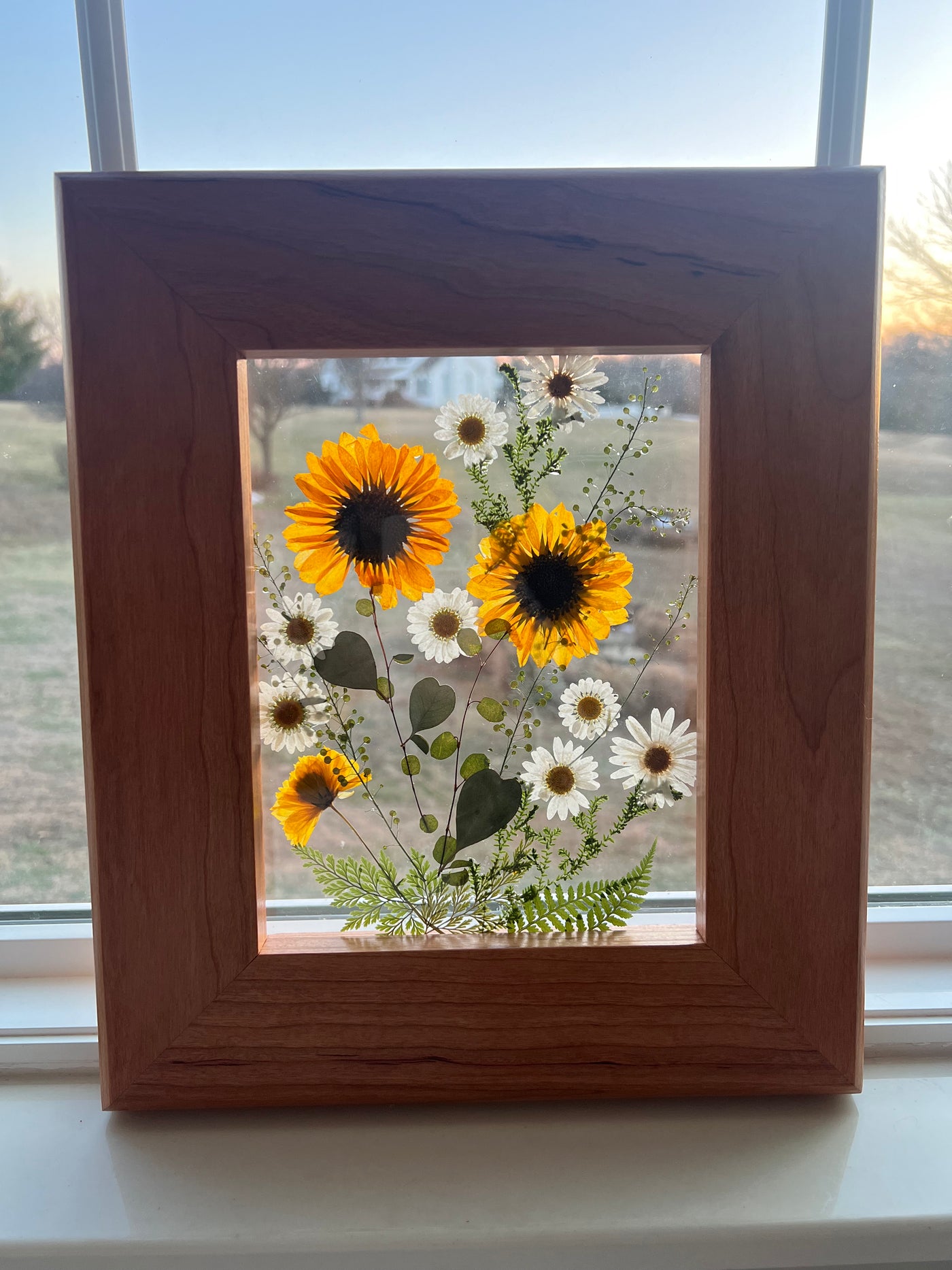 Floating Sun Flower Bouquet in Custom Cherry Frame - 11 3/4" x 14"