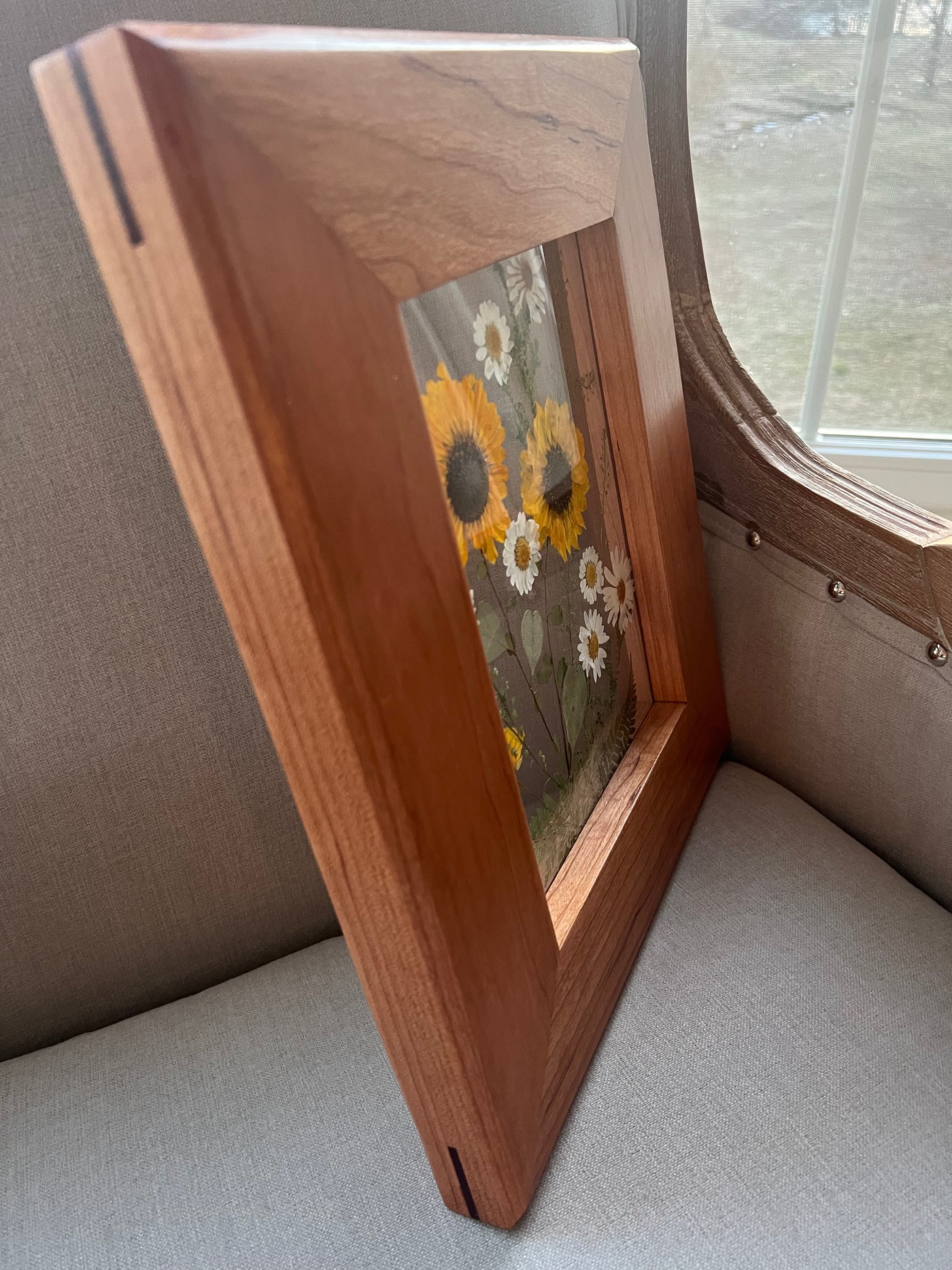 Floating Sun Flower Bouquet in Custom Cherry Frame - 11 3/4" x 14"