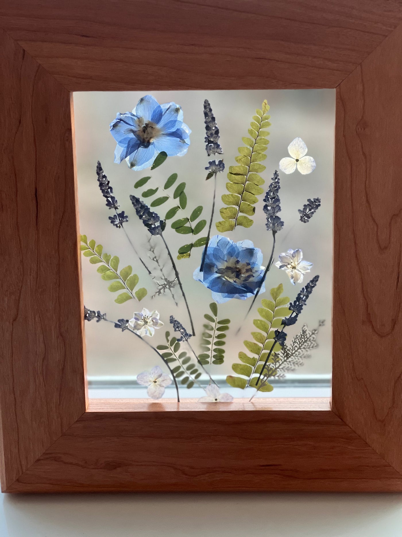 Blue Floating Flower Bouquet w/ Delphinium & Lavender in Custom Cherry Frame - 11 3/4" x 14"
