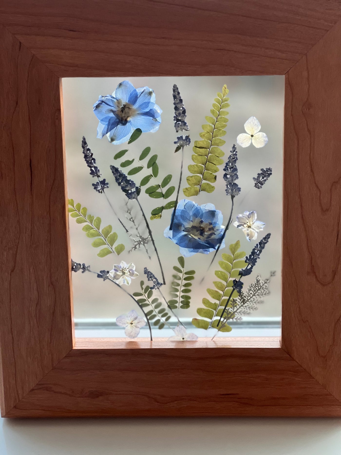 Blue Floating Flower Bouquet w/ Delphinium & Lavender in Custom Cherry Frame - 11 3/4" x 14"