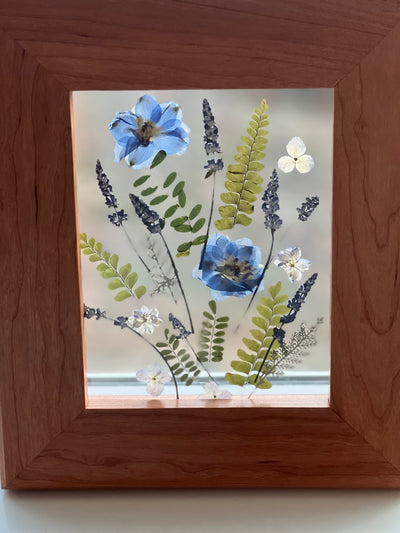 Blue Floating Flower Bouquet w/ Delphinium & Lavender in Custom Cherry Frame - 11 3/4" x 14"