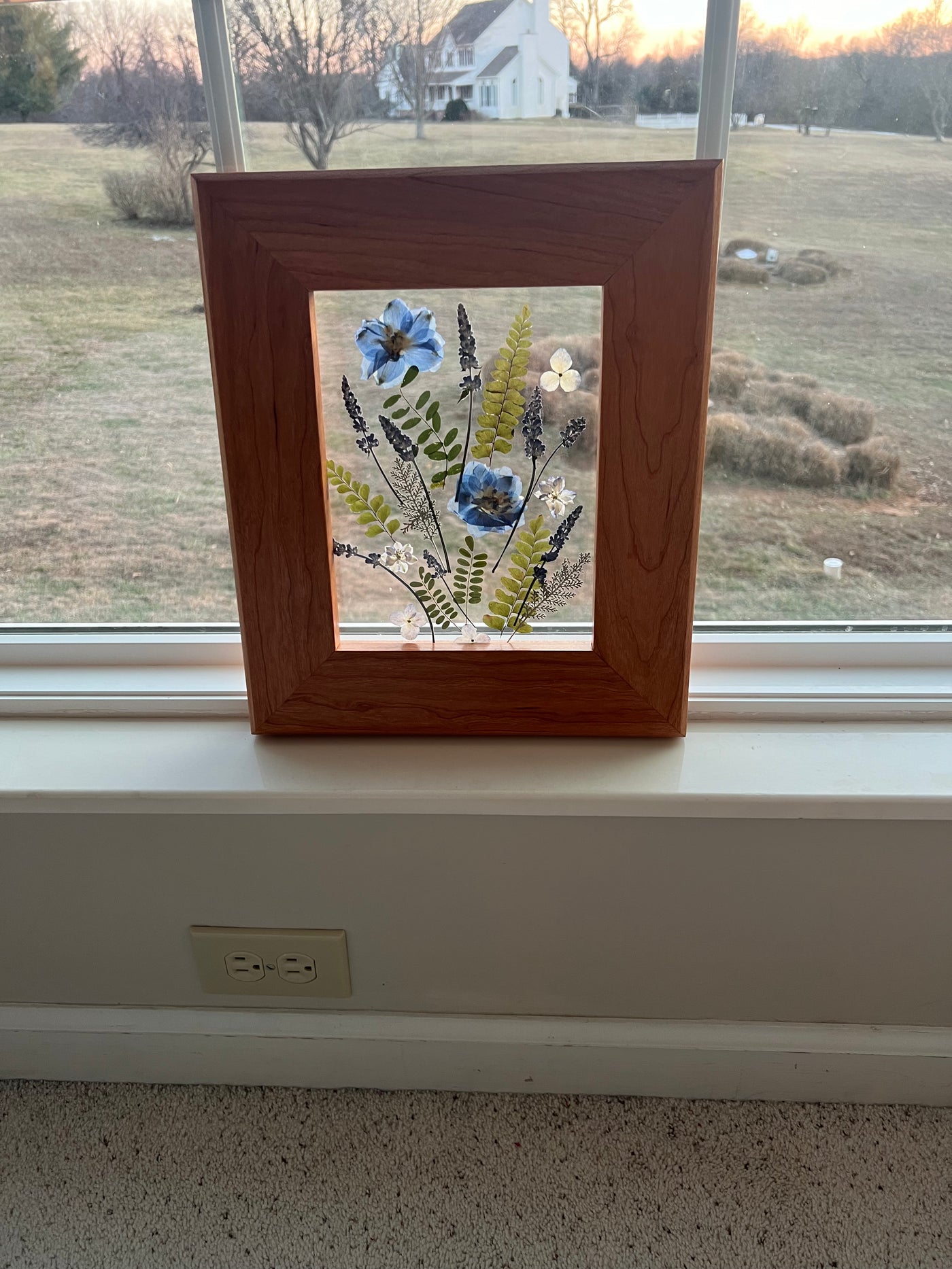 Blue Floating Flower Bouquet w/ Delphinium & Lavender in Custom Cherry Frame - 11 3/4" x 14"