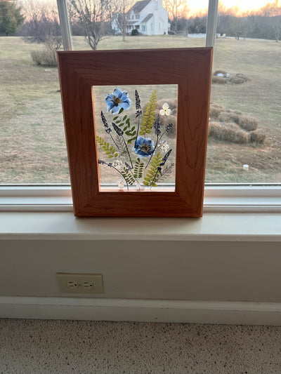 Blue Floating Flower Bouquet w/ Delphinium & Lavender in Custom Cherry Frame - 11 3/4" x 14"