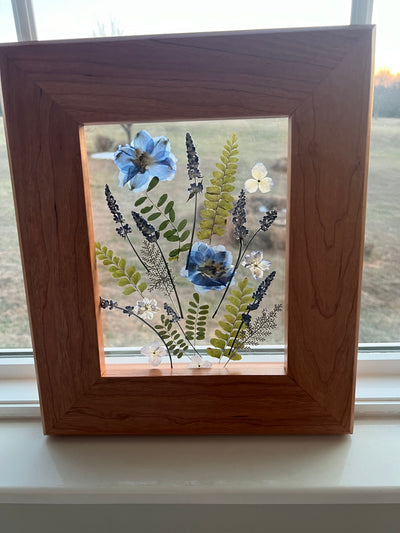 Blue Floating Flower Bouquet w/ Delphinium & Lavender in Custom Cherry Frame - 11 3/4" x 14"