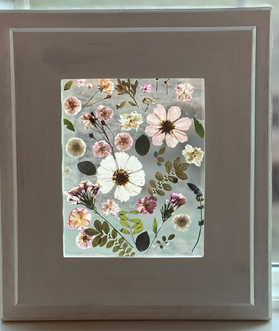Floating Flower Design w/ Custom Painted  Frame Over Pine Wood - 14" x 16"