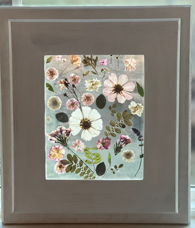 Floating Flower Design w/ Custom Painted  Frame Over Pine Wood - 14" x 16"