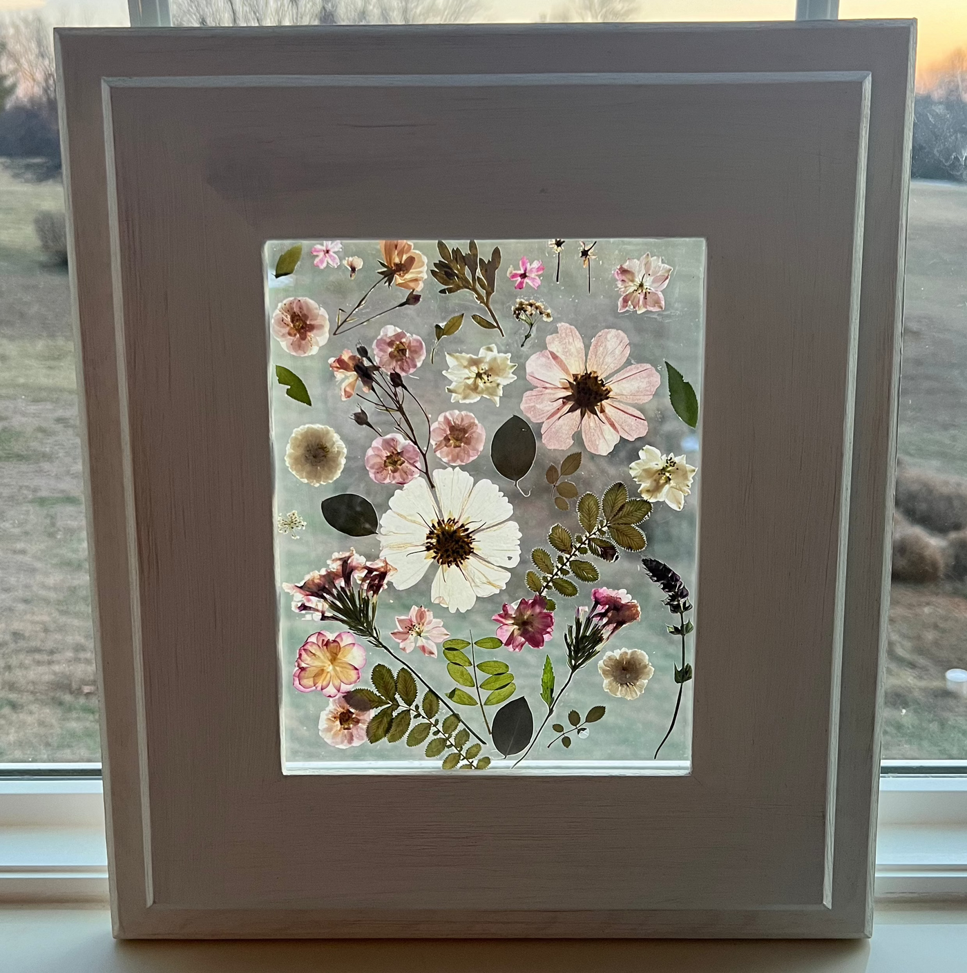 Floating Flower Design w/ Custom Painted  Frame Over Pine Wood - 14" x 16"