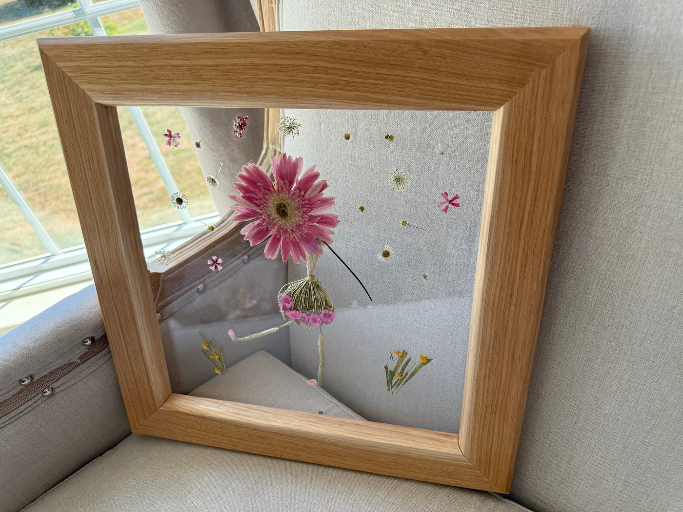 12" x 12" Floating Florals in Custom Made Hickory Frame