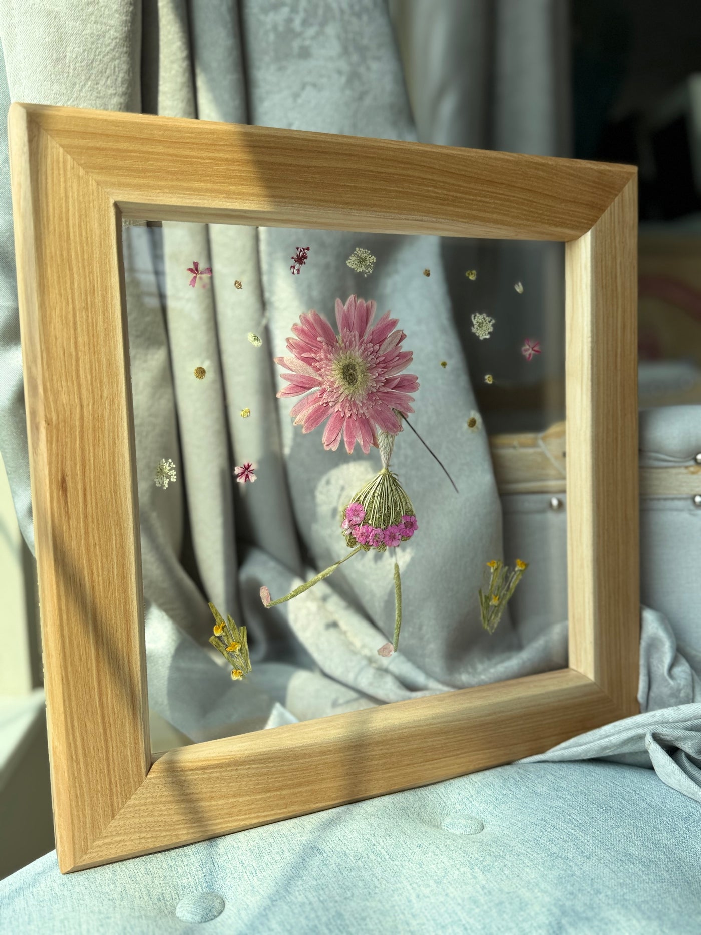 12" x 12" Floating Florals in Custom Made Hickory Frame