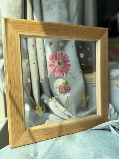 12" x 12" Floating Florals in Custom Made Hickory Frame